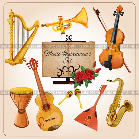 Classical chamber orchestra ensemble instruments harp violin horn icons composition advertisement poster color sketch isolated vector illustration. Стоковая иллюстрация, агентство Ingram Publishing / Фотобанк Лори