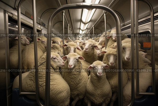 Claustrophobic Sheep crammed subway. Generate ai. Стоковое AI-изображение, AI-художник Иван Рябоконь / Фотобанк Лори