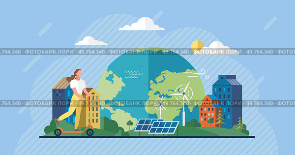 Clean city vector illustration. It encourages green building designs, promotes sustainable transportation options, and advocates for responsible consumption and production By creating supportive. Clean city. Social and environmental goals are intertwined in clean city. Стоковая иллюстрация, агентство Ingram Publishing / Фотобанк Лори