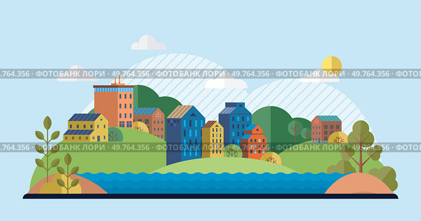 Clean city vector illustration. The integration of nature into cityscape enhances quality of life and fosters deeper connection between residents and environment Ecology and principles of sustainable. Clean city. The city recognizes importance of preserving natural spaces and protecting ecosystems. Стоковая иллюстрация, агентство Ingram Publishing / Фотобанк Лори