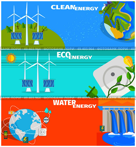 Clean eco water and wind energy vector illustrations. Natural ways to obtain energy from Earth resources without pollution.. Clean Eco Water and Wind Energy Illustrations Set. Стоковая иллюстрация, агентство Ingram Publishing / Фотобанк Лори