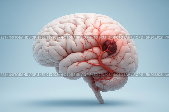 Clean medical visualization of human brain with highlighted ischemic stroke, created in 3D digital style on blue background. 3D Brain Illustration Showing Ischemic Stroke. Стоковое AI-изображение, AI-художник Башкирова Анна / Фотобанк Лори