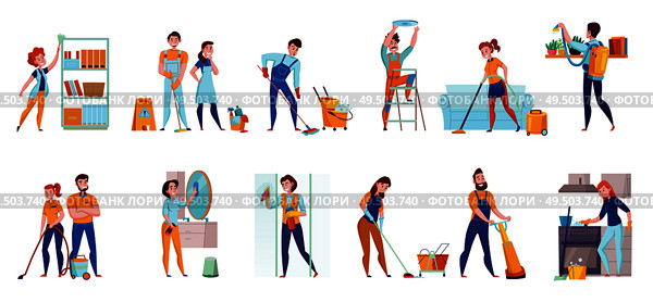 Cleaning service professional duties flat  compositions 2 horizontal sets with floor  sweeping vacuuming mirrors washing vector illustration . Стоковая иллюстрация, агентство Ingram Publishing / Фотобанк Лори