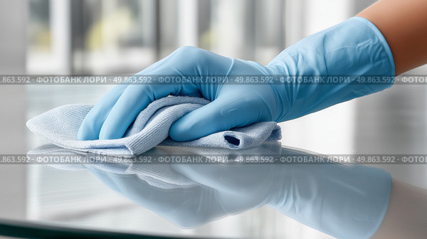 Cleaning surface with a blue cloth in a bright, modern space. Стоковое AI-изображение, AI-художник Katsiaryna Repich / Фотобанк Лори