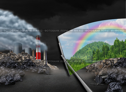 Cleaning the environment and global warming environmental concept as a scene with pollution being wiped with a wiper revealing a clean green natural landscape as a symbol for conservation and earth day. Стоковое фото, агентство Ingram Publishing / Фотобанк Лори