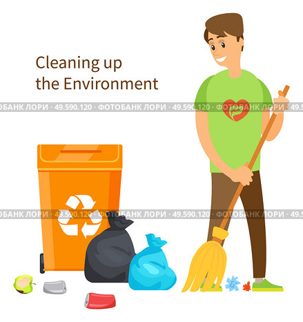 Cleaning up environment, volunteer sweeping garbage into container with reuse sign. Vector worker in volunteering organization, take care about nature, man with broom. Cleaning Up Environment, Volunteer Sweeps Garbage. Стоковая иллюстрация, агентство Ingram Publishing / Фотобанк Лори