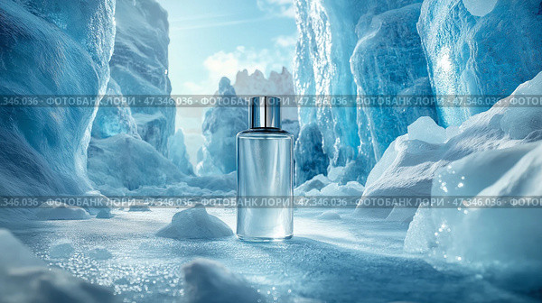 Clear bottle mockup placed on icy shore amidst glaciers and blue water. Макет прозрачной бутылки, флакон на ледяном берегу среди ледников и голубой воды. Стоковое AI-изображение, AI-художник Katsiaryna Repich / Фотобанк Лори