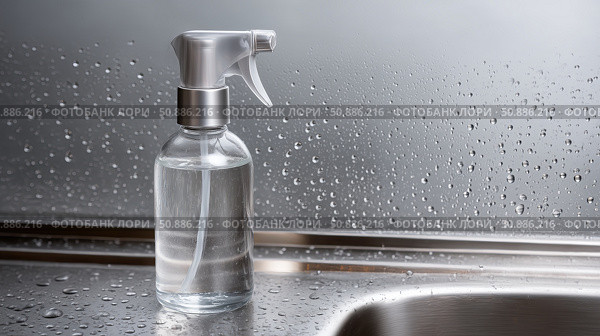 Clear spray bottle on a stainless steel countertop with water droplets. Стоковое AI-изображение, AI-художник Katsiaryna Repich / Фотобанк Лори