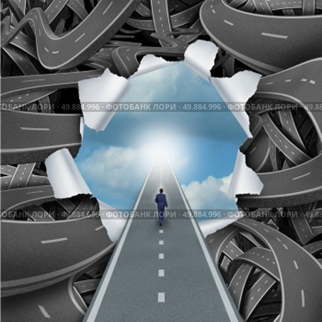 Clear way business and life success concept as a person walking through a bursted scene of confused tangled roads and highways to a calm blue sky as a metaphore for escaping the confusion or freedom and solutions to problems. Стоковое фото, агентство Ingram Publishing / Фотобанк Лори