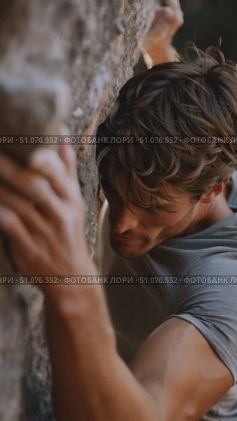 Climber tackling a challenging rock face in natural surroundings during late afternoon light. Стоковое AI-видео, аниматор Сергей Толмачёв / Фотобанк Лори