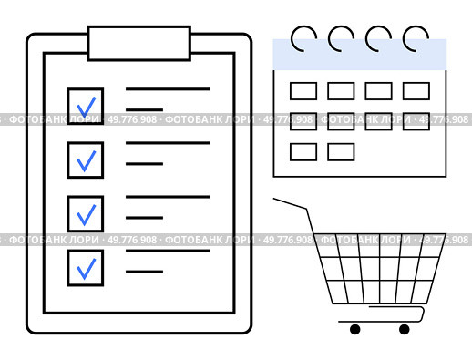 Clipart of a checklist with checkmarks, a calendar, and a shopping cart. Ideal for planning, scheduling, task management, productivity, and shopping organization. Simple and clean style for ease of. Organization Tools such as Calendar, Shopping Cart, and Checklist for Efficient Planning. Стоковая иллюстрация, агентство Ingram Publishing / Фотобанк Лори