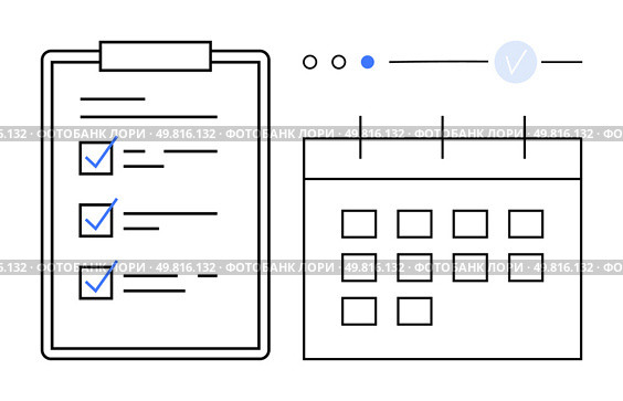 Clipboard with checklist and calendar with marked dates. Ideal for project management, to-do lists, scheduling, productivity, time management, organization, planning. Line metaphor. Task management with checklist clipboard and calendar for organized planning and efficient scheduling. Стоковая иллюстрация, агентство Ingram Publishing / Фотобанк Лори