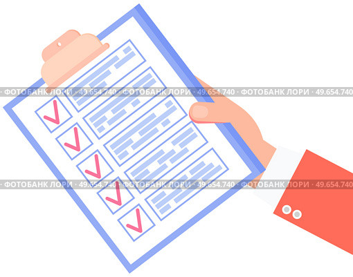Clipboard with checklist, daily plan with red tick marks in human hand. To do list, questionnaire form concept. Check sheet, scheduling timetable, planning schedule, time management, task completed. Clipboard with checklist, daily plan with red tick marks, questionnaire form in human hand. Стоковая иллюстрация, агентство Ingram Publishing / Фотобанк Лори