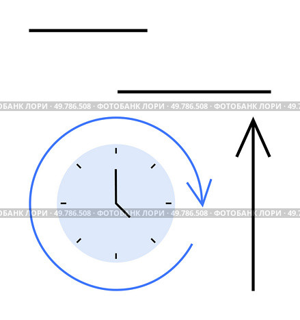 Clock face with blue circular arrow, two horizontal lines, and arrow pointing upward. Ideal for time management, productivity, deadlines, scheduling, efficiency progress and growth themes. Line. Clock with Arrow Indicating Progress and Passing Time Concept in Minimal Design. Стоковая иллюстрация, агентство Ingram Publishing / Фотобанк Лори