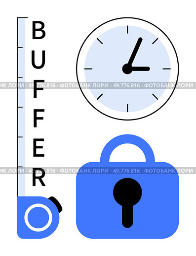 Clock indicating time management, tape measure labeled buffer showcasing measurement, and a padlock symbolizing security. Ideal for time management, project planning, cybersecurity, data protection. Buffer Management and Security Concept with Timer Lock Icon. Стоковая иллюстрация, агентство Ingram Publishing / Фотобанк Лори