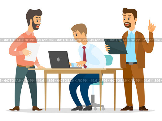 Close-knit work of office workers or team. Guy working on laptop, male standing with paper sheet, man with tablet. Office overwork, making creative decisions, brainstorming. Financing creative project. Cohesive working team is working on creative ideas. Team overwork, ideas. Flat vector image. Стоковая иллюстрация, агентство Ingram Publishing / Фотобанк Лори