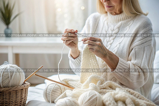 Close-up. A woman with balls of yarn knits a warm sweater in white and beige tones in her hands. Needlework, knitting. Winter season, small business, handmade clothes. Стоковое AI-изображение, AI-художник Photojuli / Фотобанк Лори