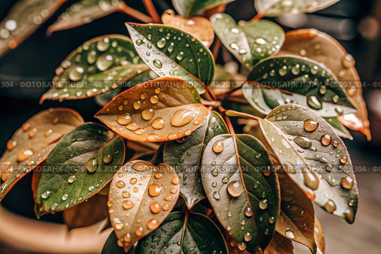 Close-up macro shot of red-green leaves, drops of water on the leaves. The texture. Стоковое AI-изображение, AI-художник Photojuli / Фотобанк Лори