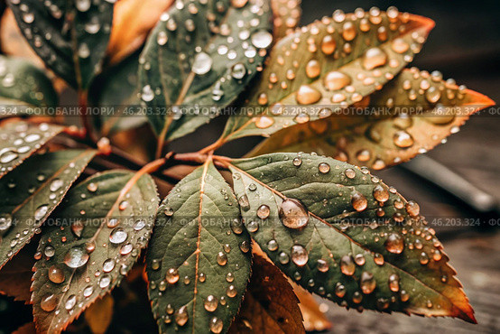 Close-up macro shot of red-green leaves, drops of water on the leaves. The texture. Стоковое AI-изображение, AI-художник Photojuli / Фотобанк Лори
