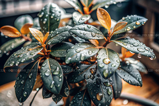 Close-up macro shot of red-green leaves, drops of water on the leaves. The texture. Стоковое AI-изображение, AI-художник Photojuli / Фотобанк Лори