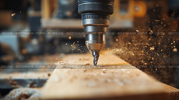 Close-up of a drill bit creating shavings from a wooden plank in a workshop setting during daylight. Крупный план сверла, снимающего стружку с деревянной доски в мастерской при дневном свете. Стоковое AI-изображение, AI-художник Katsiaryna Repich / Фотобанк Лори