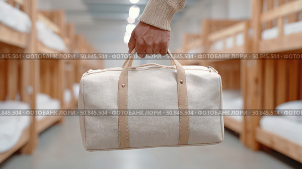 Close-up of a hand holding a beige duffel bag in a shared hostel dormitory with wooden bunk beds in the background. Стоковое AI-изображение, AI-художник Катерина Бондарец / Фотобанк Лори