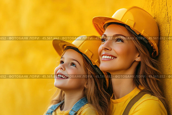 Close-up of a happy girl and her mother in construction helmets, looking at the sky on a yellow background. Стоковое AI-изображение, AI-художник Ярославский Максим / Фотобанк Лори
