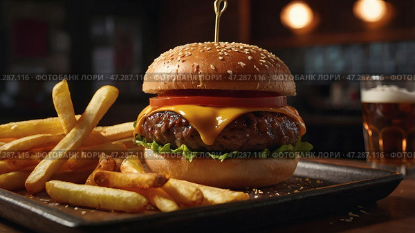 Close-up of a juicy beef burger, French fries, and a glass of beer. The concept of fast food and fast food. Стоковое AI-изображение, AI-художник Photojuli / Фотобанк Лори