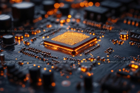 Close-up of a microcircuit with a central processor glowing with orange lights. The board looks modern and technological, with many microcomponents, tracks and contacts. The backlight effect creates a feeling of warmth, activity and data processing. The atmosphere is futuristic, with an emphasis on high technology, digital innovation and electronic power. Стоковое AI-изображение, AI-художник Анна Кривицкая / Фотобанк Лори