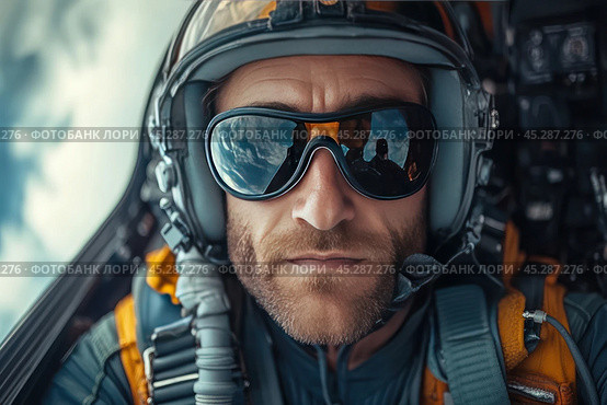 Close-up of a pilot wearing goggles and a helmet, sitting in the cockpit of an airplane. The goggles reflect the sky and clouds, adding drama and emphasizing the altitude of the flight. The man looks focused and ready to carry out his mission. The photo conveys a sense of responsibility and professionalism of the pilot, emphasizing his determination and fortitude. Стоковое AI-изображение, AI-художник Анна Кривицкая / Фотобанк Лори