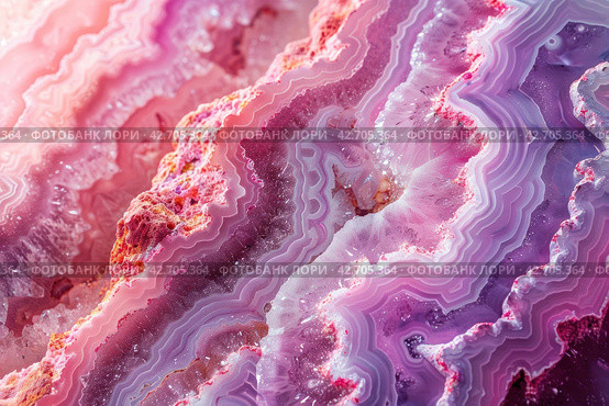 Close-up of an agate, a gemstone characterized by parallel bands of varying shades. Colors range from soft pink to deep burgundy, with vibrant crystal formations and whitish tops. Стоковое AI-изображение, AI-художник Анна Кривицкая / Фотобанк Лори