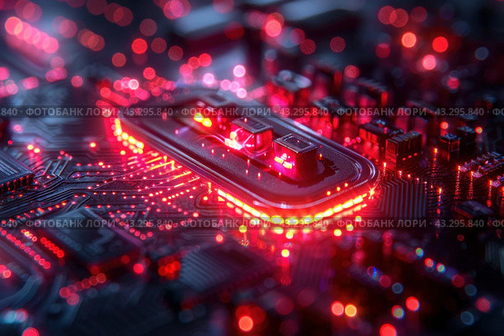 Close-up of an electronic board with bright red backlight. Numerous microcircuits, transistors and traces are visible, forming complex electrical circuits. Red LEDs give the image a futuristic and technological look, highlighting component details and creating a dynamic atmosphere. Стоковое AI-изображение, AI-художник Анна Кривицкая / Фотобанк Лори