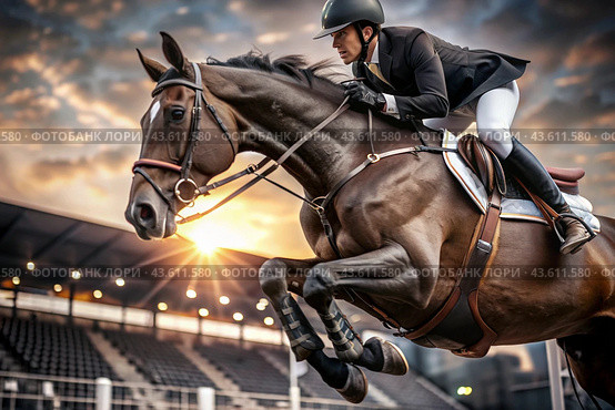 Close-up of an Olympic horse and rider jumping over an obstacle in an open arena, equestrian sport. The concept of the Summer Olympic Games. Стоковое AI-изображение, AI-художник Photojuli / Фотобанк Лори