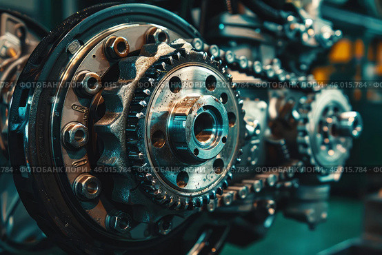 Close up of automotive timing chain connecting camshaft and crankshaft gears. Стоковое AI-изображение, AI-художник Иван Рябоконь / Фотобанк Лори