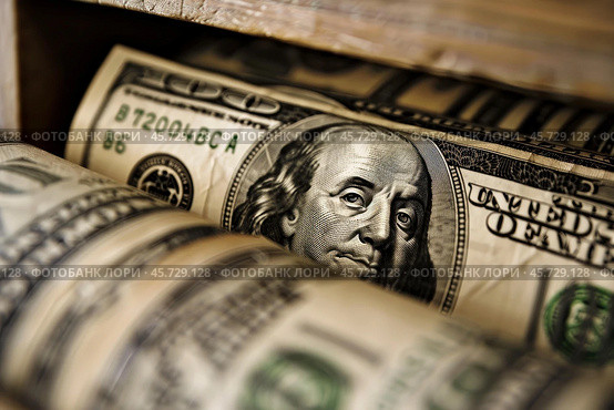 Close up of benjamin franklin staring from one hundred dollar bills. Стоковое AI-изображение, AI-художник Иван Рябоконь / Фотобанк Лори