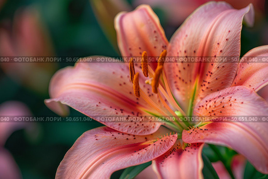 Close up of blooming pink asiatic lily showing petals and stamens. Стоковое AI-изображение, AI-художник Иван Рябоконь / Фотобанк Лори