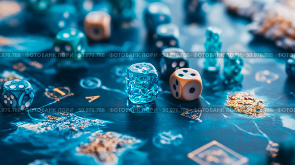 Close-up of Colorful Dice on a Board Game, Tabletop Gaming, Strategy, Blue and Gold Theme. Стоковое AI-изображение, AI-художник Данила Большаков / Фотобанк Лори