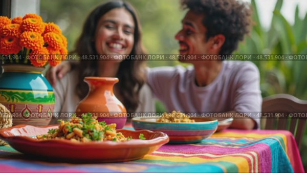 Close up of festive table, featuring a colorful tablecloth, traditional pottery, and centerpiece of marigold flowers. Happy couple sitting on it. Cinco de Mayo. Independence Day. Fiesta and festival. Стоковое AI-видео, аниматор Sergey Grishin / Фотобанк Лори