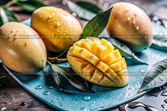 Close-up of fresh mangoes. Delicious berries and fruits are bright yellow in color with drops of water. Vegetarianism. Healthy eating. Fresh fruits on the table. Стоковое AI-изображение, AI-художник Photojuli / Фотобанк Лори