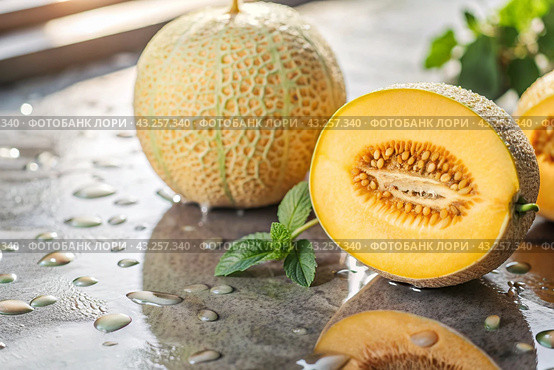 Close-up of fresh melons. Delicious berries and fruits are bright yellow in color with drops of water. Vegetarianism. Healthy eating. Fresh fruits on the table. Стоковое AI-изображение, AI-художник Photojuli / Фотобанк Лори