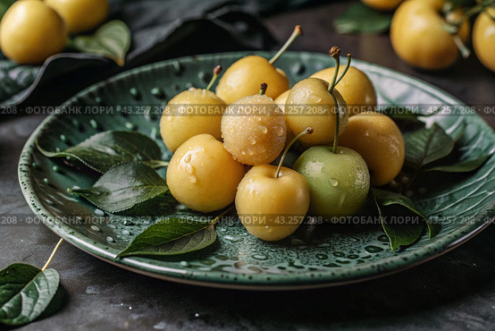 Close-up of fresh plums. Delicious berries and fruits are bright yellow and purple in color with drops of water. Vegetarianism. Healthy eating. Fresh fruits on the table. Стоковое AI-изображение, AI-художник Photojuli / Фотобанк Лори