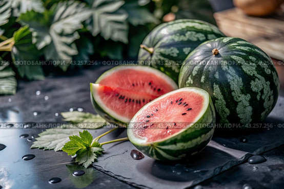 Close-up of fresh watermelon berries. Delicious berries and fruits of bright red color with drops of water. Vegetarianism. Healthy eating. Fresh fruits on the table. Стоковое AI-изображение, AI-художник Photojuli / Фотобанк Лори