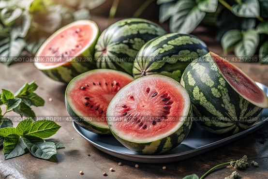 Close-up of fresh watermelon berries. Delicious berries and fruits of bright red color with drops of water. Vegetarianism. Healthy eating. Fresh fruits on the table. Стоковое AI-изображение, AI-художник Photojuli / Фотобанк Лори