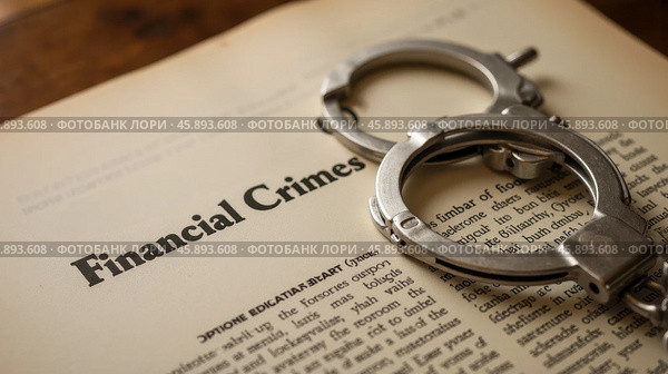 Close-up of handcuffs on book page titled financial crimes, representing legal problems, fraud, corruption, white-collar crime, justice, financial sector. Стоковое AI-изображение, AI-художник Павел Муравьев / Фотобанк Лори