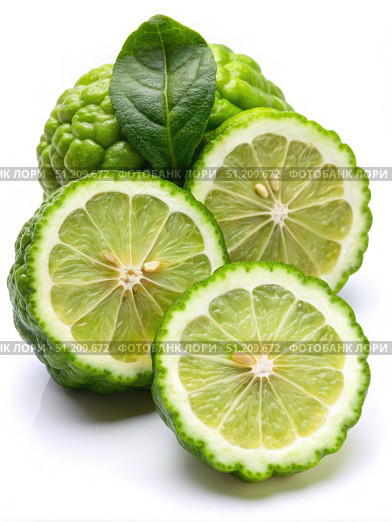 Close Up Of Juicy Sliced Bergamot Fruit With A Green Leaf On A White Background. Generative AI. Стоковое AI-изображение, AI-художник Roman Zavorotny / Фотобанк Лори