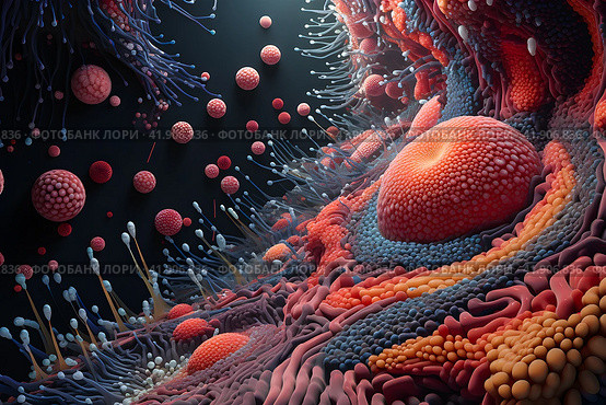 Close-up of multi-colored 3D bacteria under a color scanning electron micrograph. Стоковое AI-изображение, AI-художник Виталий Сова / Фотобанк Лори