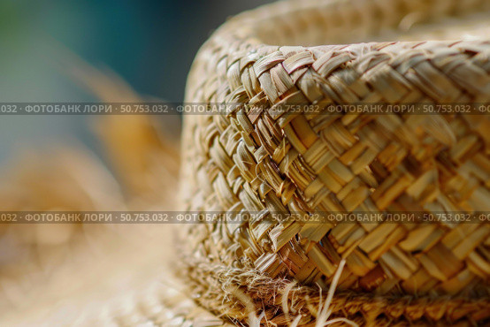 Close up of straw hat showing weaving detail and natural fibers. Стоковое AI-изображение, AI-художник Иван Рябоконь / Фотобанк Лори