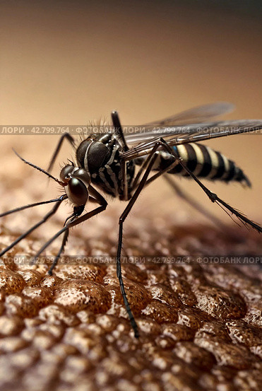 Close-up of striped mosquito on human skin, macro photo. Mosquitoes (Aedes aegypti) sucking human blood, close up. Carriers of dengue fever and malaria concept. Gen ai illustrate. Copy ad text space. Стоковое AI-изображение, AI-художник Aleksandr Golubev / Фотобанк Лори