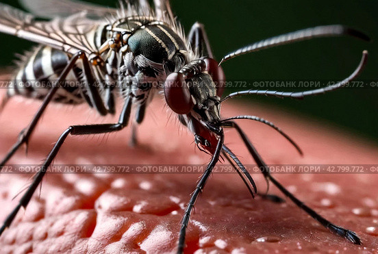 Close-up of striped mosquito on human skin, macro photo. Mosquitoes (Aedes aegypti) sucking human blood, close up. Carriers of dengue fever and malaria concept. Gen ai illustrate. Copy ad text space. Стоковое AI-изображение, AI-художник Aleksandr Golubev / Фотобанк Лори