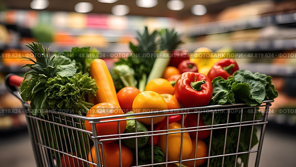 Close-up of supermarket trolley full of fresh vegetables and fruits against blurred background of store interior. Стоковое AI-изображение, AI-художник Iva Noel / Фотобанк Лори